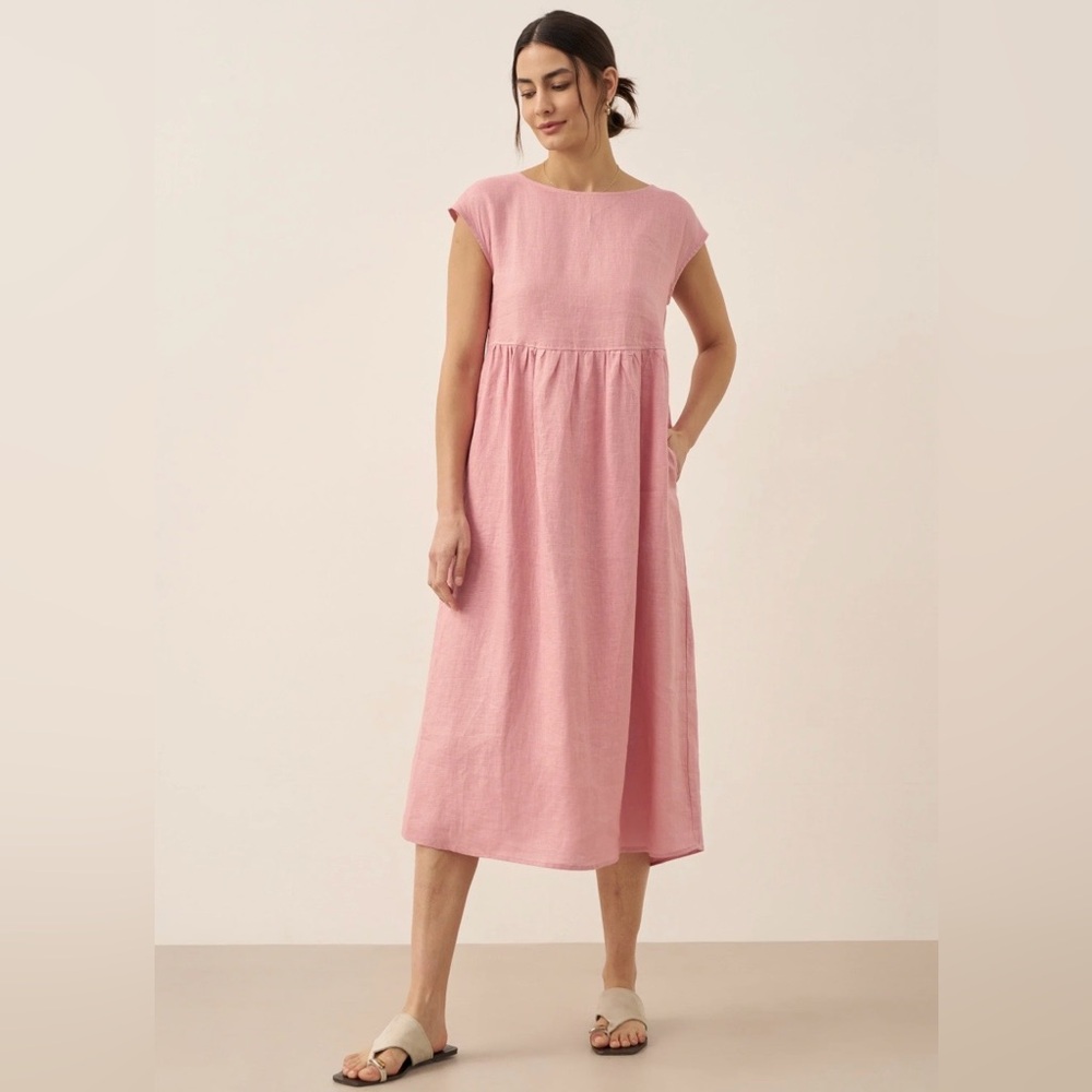 Lintico Joan Linen Dress Large Cap Sleeve Pink Pockets midi